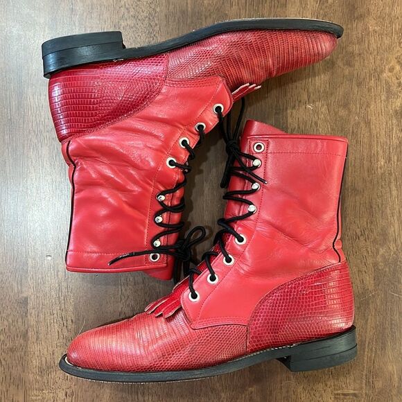 Vintage 1994 Justin Red Lizard & Kipskin Kilted Roper Boots Women’s 7.5B Rare - Picture 8 of 14